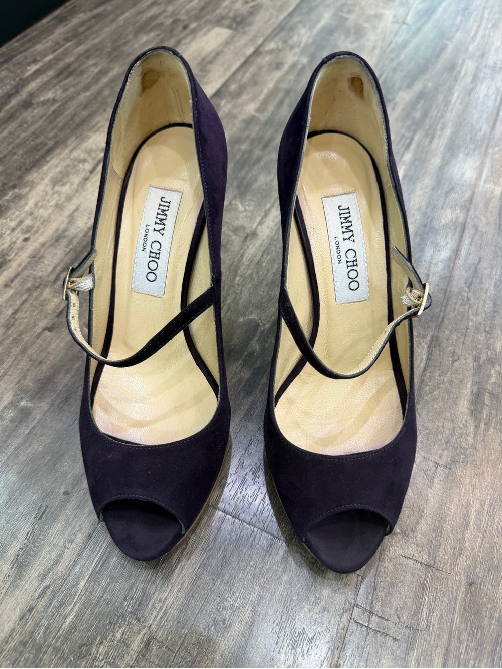 Jimmy Choo Purple Suede Peep-Toe Mary Jane Pumps